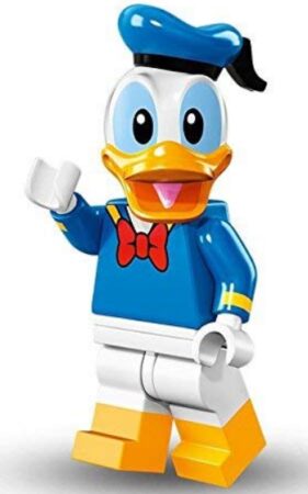 this is an image of kid's lego disney minifigure donald duck in bleu and white colors