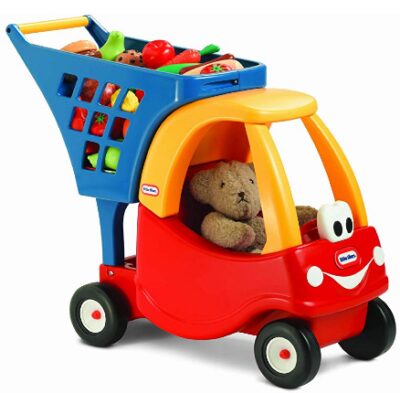 this is an image of kid's little tikes cozy shopping cart in red and yellow colors