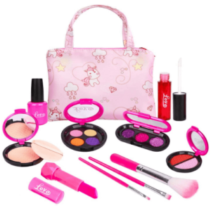 This is an image of kids LOYO Girls Pretend Play Makeup Sets Fake Make Up Kits with Cosmetic Bag for Little Girls Birthday Christmas, Toy Makeup Set for Toddler Girls Age 2, 3, 4, 5 (Not Real Makeup)