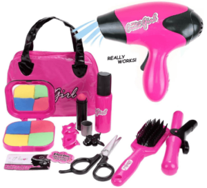 This is an image of kids Star Stylist Beauty Salon Fashion Play Set with Hairdryer, Curling Iron, Tool Belt & Styling Accessories