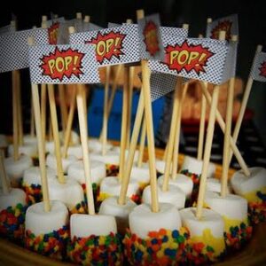 marshmallows with superhero logos on them