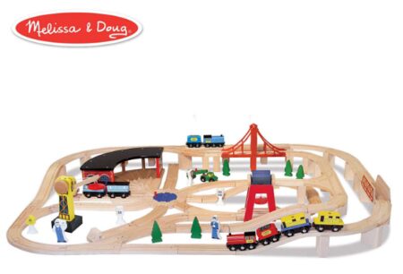 this is an image of kid's melissa & doug wooden railway table in wood color