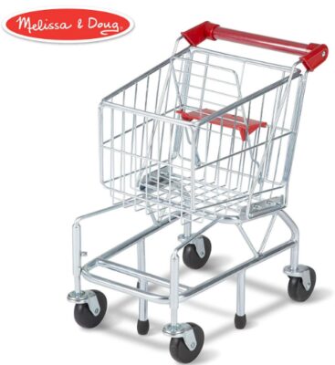 this is an image of kid's melissa & doug shopping cart in silver and red colors
