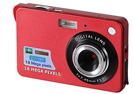 This is an image of mini digital camera in red color