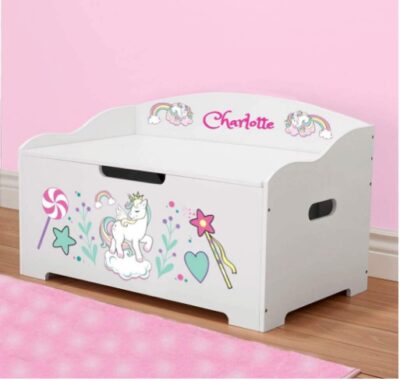 This is an image of kid's modern toy box in white color 