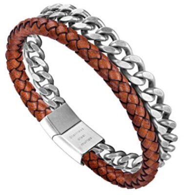 this is an image of a bead leather bracelet for men. 