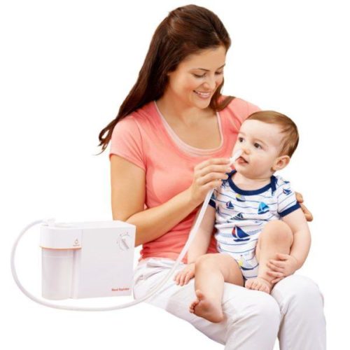 this is is an image of a Mom using a BabySmile nasal aspirator on her young child. 