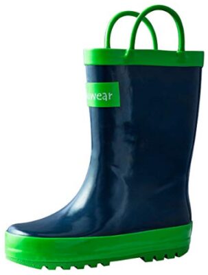 this is an image of kid's oaki waterproof rubber rain boot in bleu dark and green colors