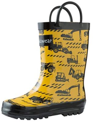 this is an image of kid's oaki rain boots in yellow and black colors