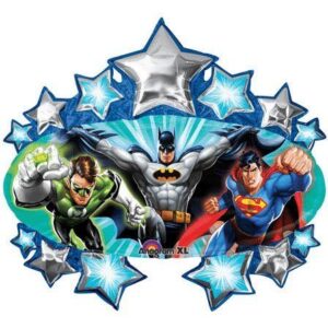 party superhero images of spiderman, batman and the green latern on balloons