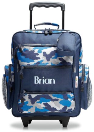 This is an image of kid's personalized rolling luggage in blue camoflage color