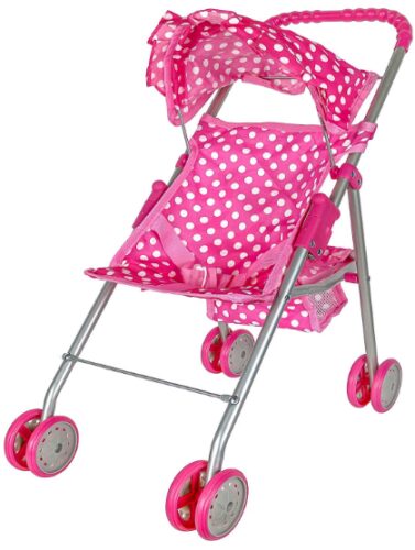 This is an image of doll stroller in wih and white polka dots 