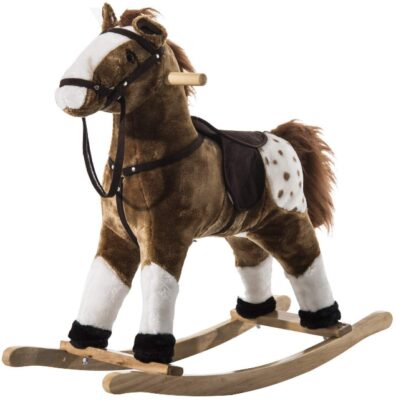 This is an image of rocking horse toy, brown and white colors