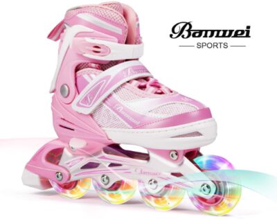 This is an image of kids roller blade skate in pink and white colors