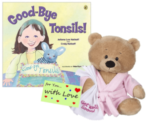 This is an image of kids sympathy plush teddy bear gift set, Ganz Get Well Soon Teddy Bear with a Pink Robe, Blankie for Girls with Good-Bye Tonsils Book Gift Set