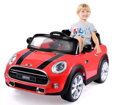 This is an image of a red 12v BMW mini cooper Ride on toy car