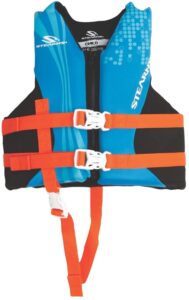 This is an image of a blue kids life jacket