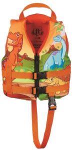 This is an image of an orange kids life jacket