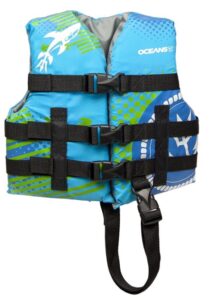 This is an image of a blue kids life jacket