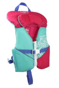 This is an image of a green and red kids life jacket