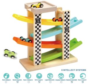This is an image of a Toddler wooden car ramp racer toy