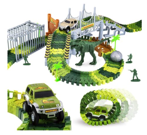 this is an image of a 144-piece Dinosaur World road track set for kids age 3 to 8 years old. 