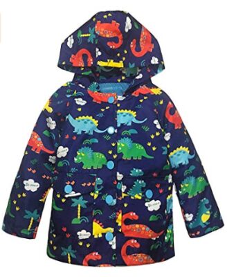 this is an image of a dinosaur printed raincoat for kids. 