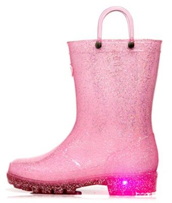 this is an image of kid's outee rain boot in pink color