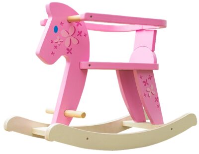 This is an image of kid's wooden rocking horse, white and pink colors