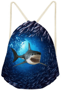 This is an image of kids Upetstory Shark Print Drawstring Backpack Rucksack Shoulder Bags, Blue Underwater Lightweight Gym Bag Sackpack for Women and Men