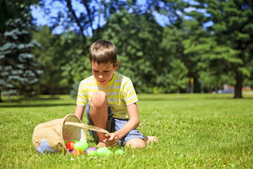 boy with a basket of Easter eggs in the park. the concept of Easter Egg Hunt.