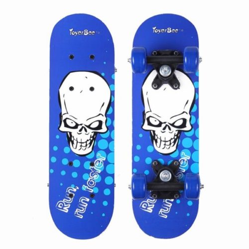 blue ToyerBee skateboard with a skull graphic 