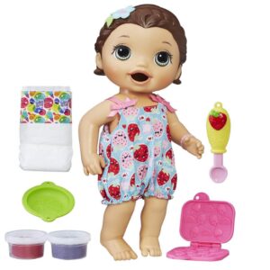 this is an image of baby's potty training doll snackin brunette in multi-colored colors