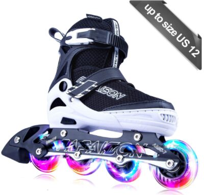 This is an image of kids sport roller blade skate in black and white colors