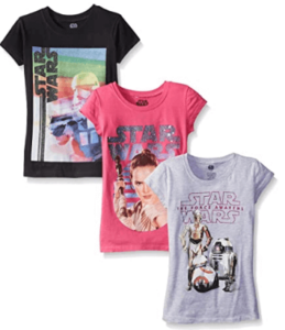 This is an image of kids star wars t-shirts, Star Wars Girls' 3-Pack T-Shirts (Force Awakens and Classic)