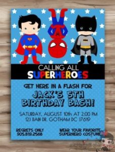 super hero invitation with batman, spiderman and superman 