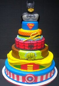 superhero cake with all the superhero including batman hulk spiderman and robinhood