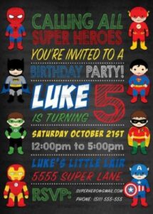 superhero invitation with small superhero images surrounding it