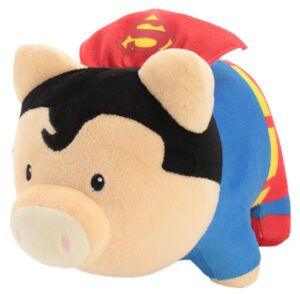 this is an image of kid's superman piggy bank in multi-colored colors