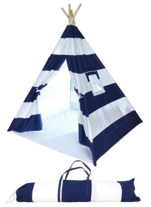 this is an image of kid's teepee tent in white and dark bleu