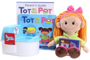 this is an image of baby's potty training doll tot on the pot in multi-colored colors