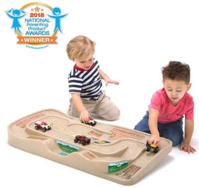 this is an image of kid's train table toy in wooden color