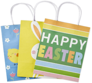 This is an image of kidsHallmark 9" Medium Gift Bags Assortment (Bunny, Chicks, "Happy Easter" Stripes) Pack of 3 Gift Bags for Easter Baskets, Egg Hunts, Kids Gifts