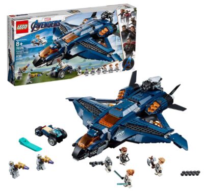 this is an image of kid's lego marvel ultimate quinjet building kit in bleu color