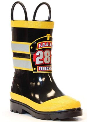 this is an image of kid's western chief waterproof printed rain boot i black and yellow colors