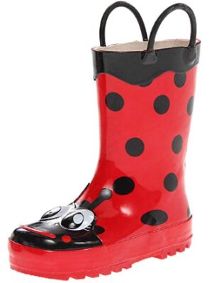 this is an image of kid's western chief ladybug rain boot in red and black colors