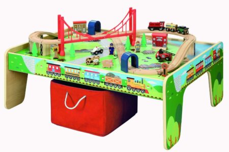 this is an image of kid's wooden train set in multi-colored colors