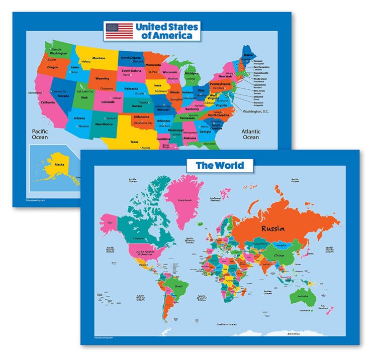 this is an image of a world map and USA map twin pack